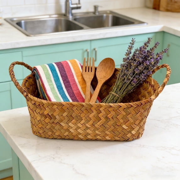NWOKYZGH Small Wicker Storage Baskets for Organizing, Decorative Woven Baskets with Handles, Boho Paper Rope Serving Baskets Trays for Shelves & Gifts