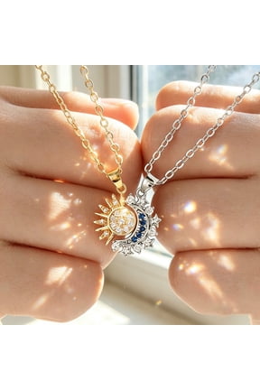 Sun Moon Necklace Set Stackable Necklace Sparkling Gold Silver Rhinestone Sun Pendant Necklace Couple Necklaces Matching Necklaces as Friendship Jewelry for Women Men