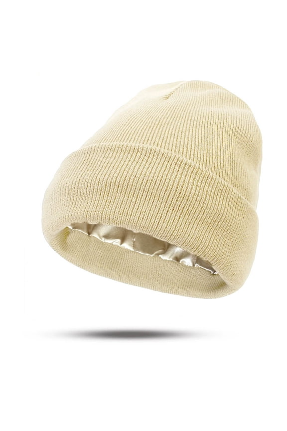 Womens Winter Warm Satin Lined Beanie Hats Silk Lining Unisex Knit Slouchy Caps