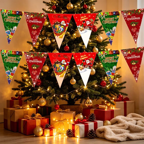 NWQKYZGH Red Green Christmas Party Decorations, Retro Paper Pennant Triangle Flag Garland Streamers, Fireplace Wall Hanging for Christmas Happy Holiday New Years Eve Decor