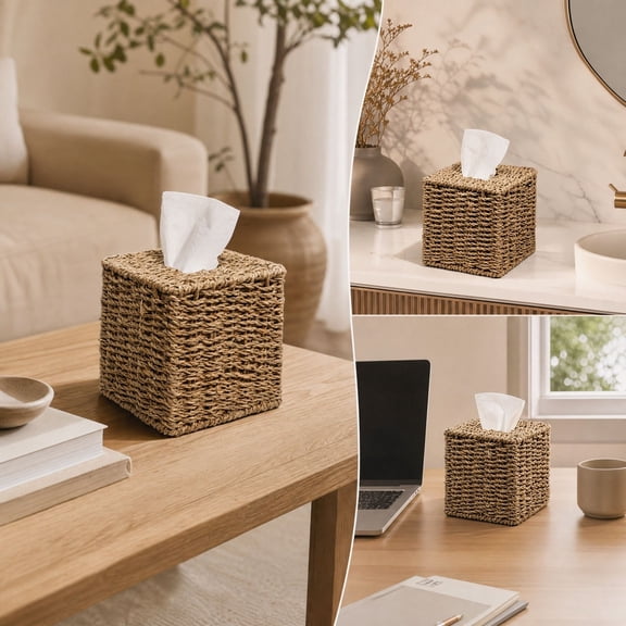 NWQKYZGH Square Wicker Tissue Box Cover with Lid for Home Decor, Handwoven Rattan Facial Tissues Boxes fits Living Room Table, Rustic Farmhouse Boho Bathroom Decorative