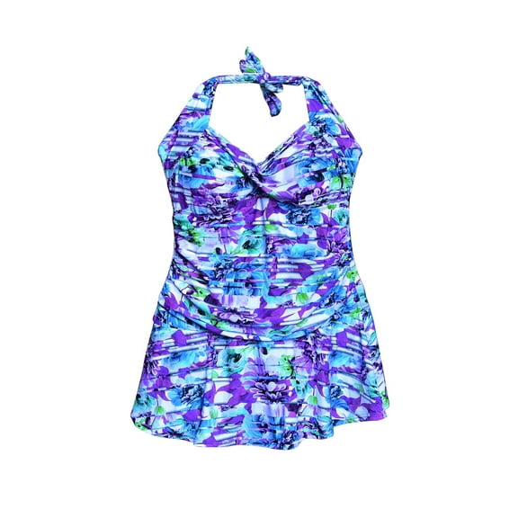 NWSC Women's Plus Size Swimdress Swimsuit Retro Halter 18 - 24W Purple Floral