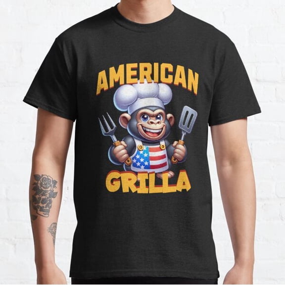 NWT American Grilla Funny BBQ Patriotic Grill Master Chef Monkey Unisex T-Shirt