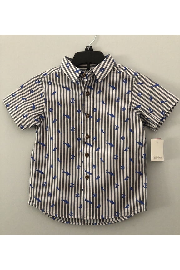 NWT! Boys Short-Sleeve button-up Striped Sailor Shirt Boys Sz XS 5 Blue Gray