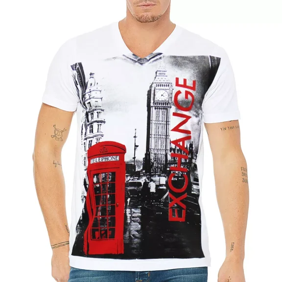 NWT London England Big Ben Red Telephone Rhinestones Detail Men's White V-Neck Short Sleeve T-Shirt Size XL