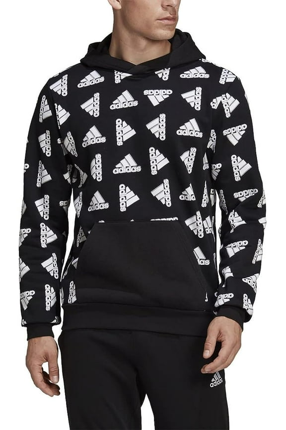 NWT Men's Black White Adidas Pullover Hoodie Logo Sweatshirt with Pocket