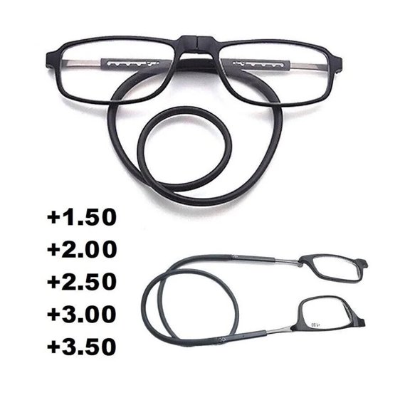 NXMY 2PCS Reading Glasses Men Hanging Folding Magnetic Front Click Connect Neck Readers Portable Reading Glasses for Men and Women 3 Magnification Black