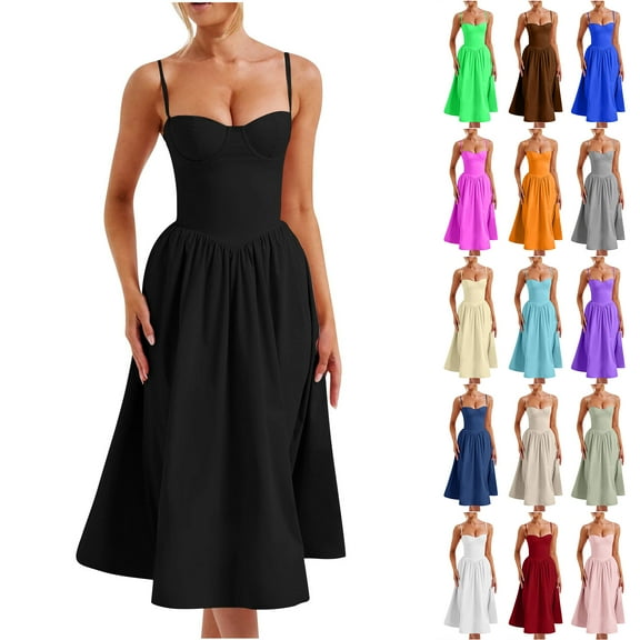 NXMZXB Corset Dress for Women Formal Spaghetti Strap Bustier Midi Dresses Flowy Pleated Hem Low Cut Prom Sundress with Pockets Beige L