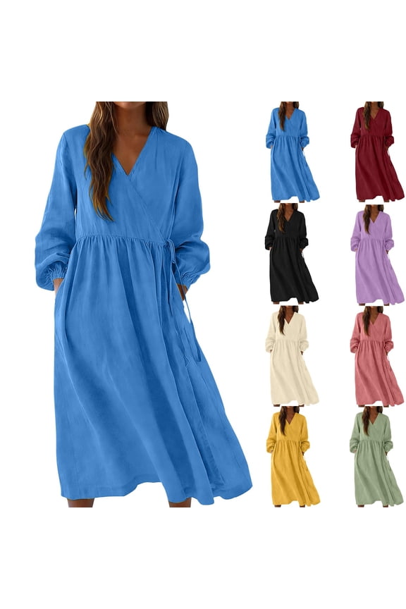 Dresses for Women Loose Fit Cotton Linen V Neck Dress Elegant Puff Sleeves Midi Sundress Drawstring Elastic High Waist Side Tie Wrap Dress with Pockets Black M