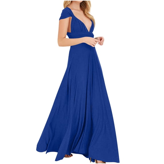 NXMZXB Dresses for Bridesmaids,Wedding Guest Dresses for Women,Plus Size Wrap Dress Long Maxi Convertible Multiway Dress Blue M