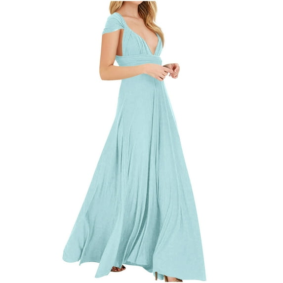 NXMZXB Dresses for Bridesmaids,Wedding Guest Dresses for Women,Plus Size Wrap Dress Long Maxi Convertible Multiway Dress Light Blue XL