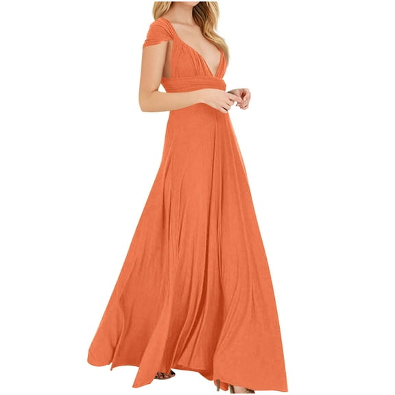NXMZXB Dresses for Bridesmaids,Wedding Guest Dresses for Women,Plus Size Wrap Dress Long Maxi Convertible Multiway Dress Orange L