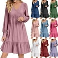 thumbnail image 1 of NXMZXB Fall Dresses for Women Vacation Smoked Cuff Long Sleeve Casual V Neck Above Knee Length T-Shirt Dress Loose Pleated Ruffle Flowy Tiered Beach Sundresses Hot Pink M, 1 of 7