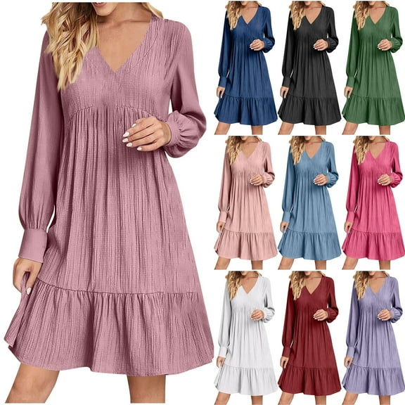 NXMZXB Fall Dresses for Women Vacation Smoked Cuff Long Sleeve Casual V Neck Above Knee Length T-Shirt Dress Loose Pleated Ruffle Flowy Tiered Beach Sundresses Light Blue L