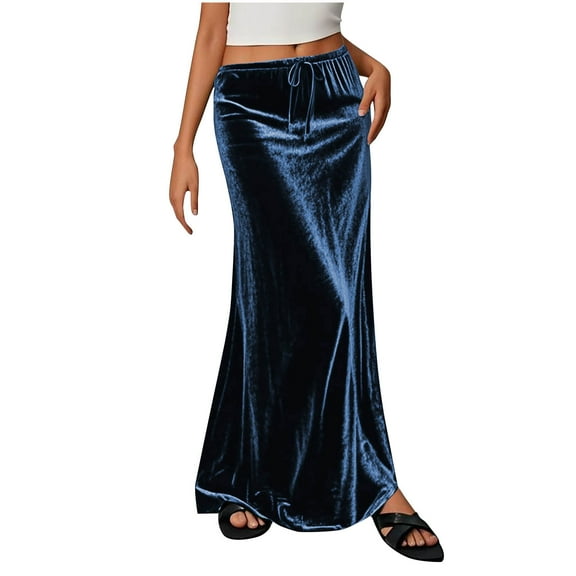 NXMZXB Gold Velvet Maxi Skirts for Women Elastic High Waist Drawstring Long Skirt Elegant A-Line Flowy Flared Vacation Long Skirt Navy XXL