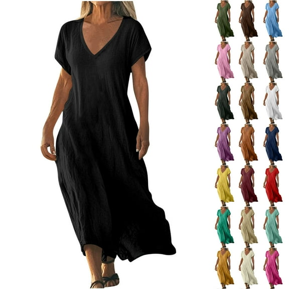 NXMZXB Plus Size Cotton Linen Dresses for Women Loose Flowy Casual V Neck Short Sleeve 2025 Maxi Dress Lightweight Summer Beach Vacation Clothes Yellow#01 M