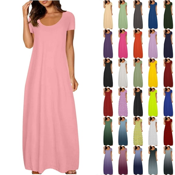 NXMZXB Plus Size Maxi Dresses for Curvy Women Loose Fit Casual Summer Short Sleeve Crewneck Long T-Shirts Dress Elegant Flowy Beach Sundress with Pockets A-Green S