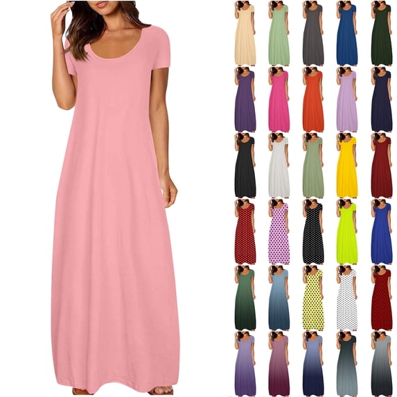 NXMZXB Plus Size Maxi Dresses for Curvy Women Loose Fit Casual Summer Short Sleeve Crewneck Long T-Shirts Dress Elegant Flowy Beach Sundress with Pockets A-Orange XXXL