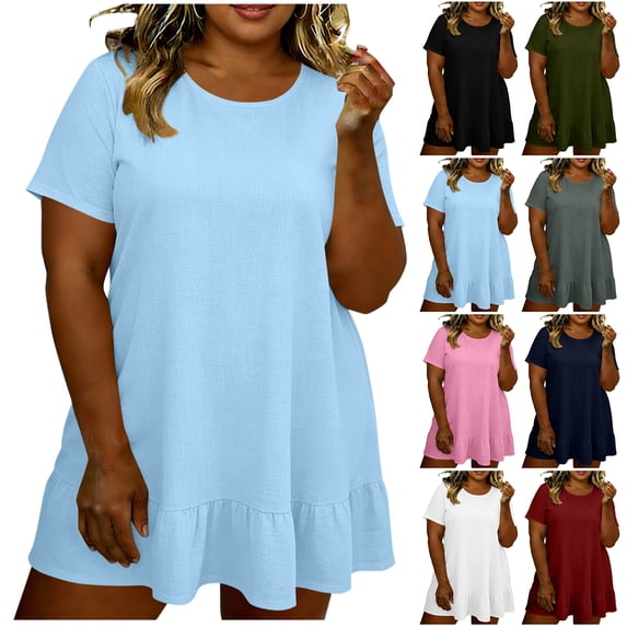 NXMZXB Plus Size Summer Cotton Linen Dresses for Women Loose Flowy Casual Short Sleeve Crewneck Ruffled Hem Oversized T Shirt Beach Vacation Sundress Navy L