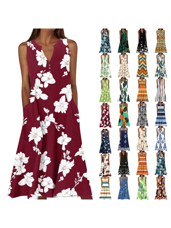 Plus Size Women Casual Summer Midi Dress Boho Floral Printed Summer Sleeveless Button V Neck Holiday Beach Vacation Sundress Loose Flowy Tank Dresses with Pockets Multicolor#21 M
