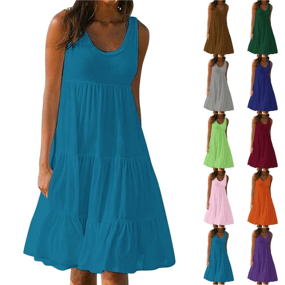 NXMZXB Plus Size Womens Summer Casual Tank Dress Sleeveless Scoop Neck T Shirt Sundress Loose Flowy A-Line Tiered Swing Mini Beach Vacation Dresses Coffee L