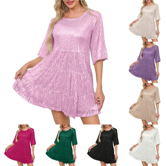 NXMZXB Sparkly Glitter Dress, Sequin Babydoll Summer Dress Loose Fit Casual Short Flowy Tiered Tunic Dress for Women Party Club Night Hot Pink L