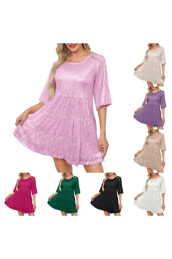Sparkly Glitter Dress, Sequin Babydoll Summer Dress Loose Fit Casual Short Flowy Tiered Tunic Dress for Women Party Club Night Pink M