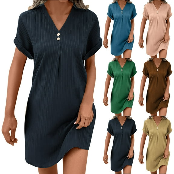 NXMZXB Summer Dresses for Women 2025 Casual Button V Neck Roll up Short Sleeve Tunics Beach Sundress Trendy A Line Ribbed Mini Work T Shirt Dress Brown L