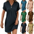 thumbnail image 1 of NXMZXB Summer Dresses for Women 2025 Casual Button V Neck Roll up Short Sleeve Tunics Beach Sundress Trendy A Line Ribbed Mini Work T Shirt Dress Khaki L, 1 of 10