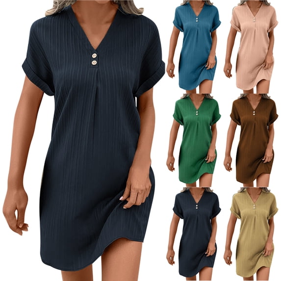 NXMZXB Summer Dresses for Women 2025 Casual Button V Neck Roll up Short Sleeve Tunics Beach Sundress Trendy A Line Ribbed Mini Work T Shirt Dress Navy S