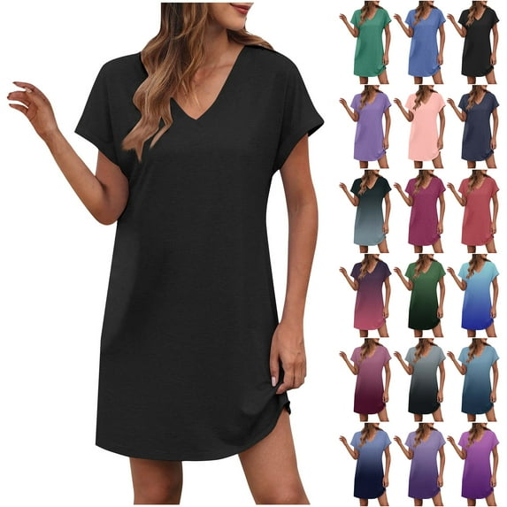 NXMZXB Summer Dresses for Women Casual V Neck Solid Color/Tie Dye Gradient Color Printed Short Sleeve T Shirt Dress with Pockets Loose Fit Beach Sundress B-Green S