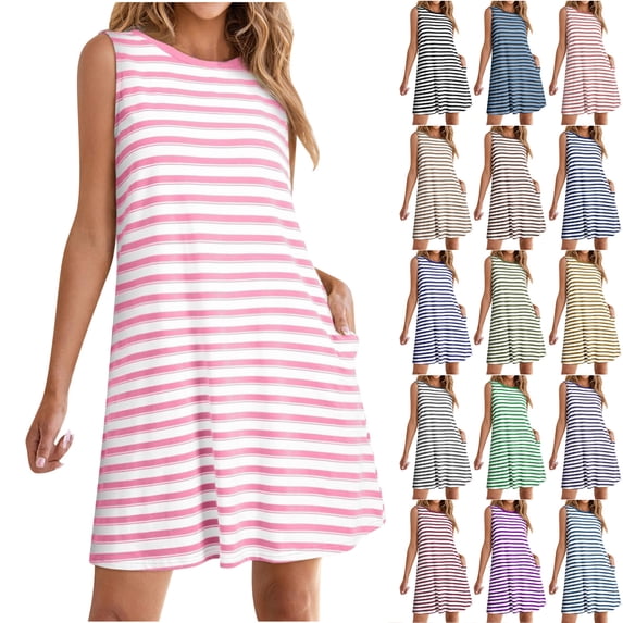 NXMZXB Summer Dresses for Women 2025 Loose Fit Casual Striped Sundresses Beach Cover Ups Sleeveless Crewneck Tshirt Swing Dress with Pockets Black S