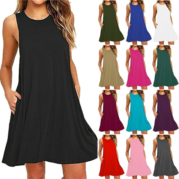 NXMZXB Summer Dresses for Women 2025 Sleeveless Sundress Loose Fit Casual Scoop Neck Swing T Shirt Dress Beach Cover Up Dresses with Pocket Red M