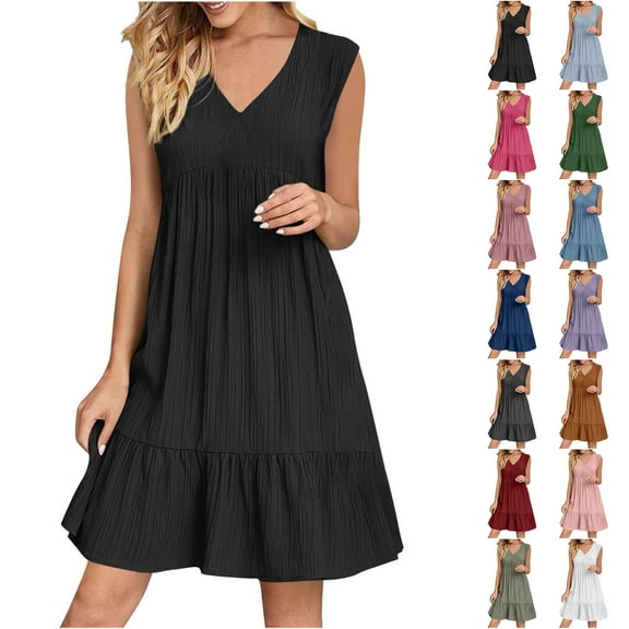 NXMZXB Summer Dresses for Women Trendy 2025 Vacation Short Sleeve V Neck Mini T Shirt Dress Pleated Ruffle Flowy Beach Sundresses Pink L