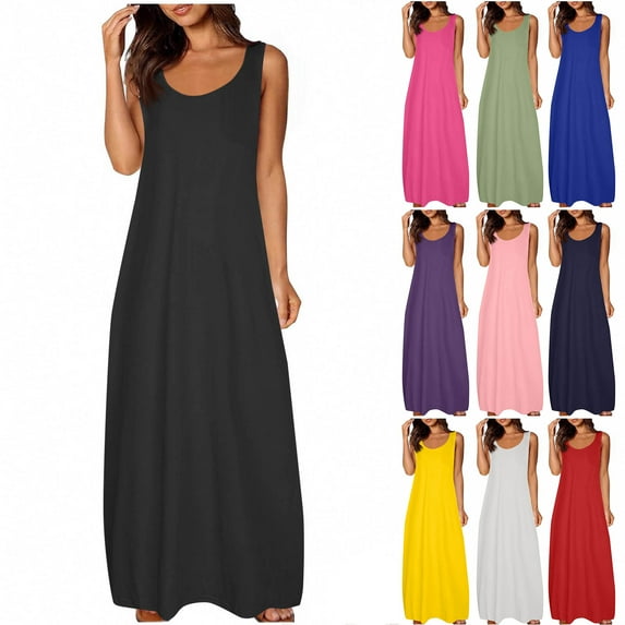 NXMZXB Sundresses for Women 2025 Scoop Neck Sleeveless Tank Dress Summer Beach Solid Party Flowy Long Maxi Dresses with Side Pockets Navy XXL