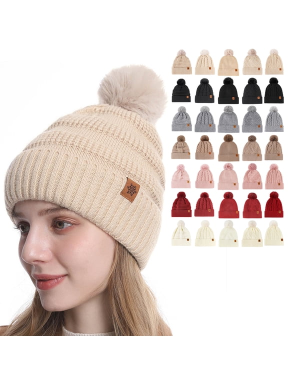 Winter Beanies for Women Cozy Soft Fleece Lined Cute Caps with Faux Fuzzy Pom Pom Thermal Snow Outdoor Knit Hats