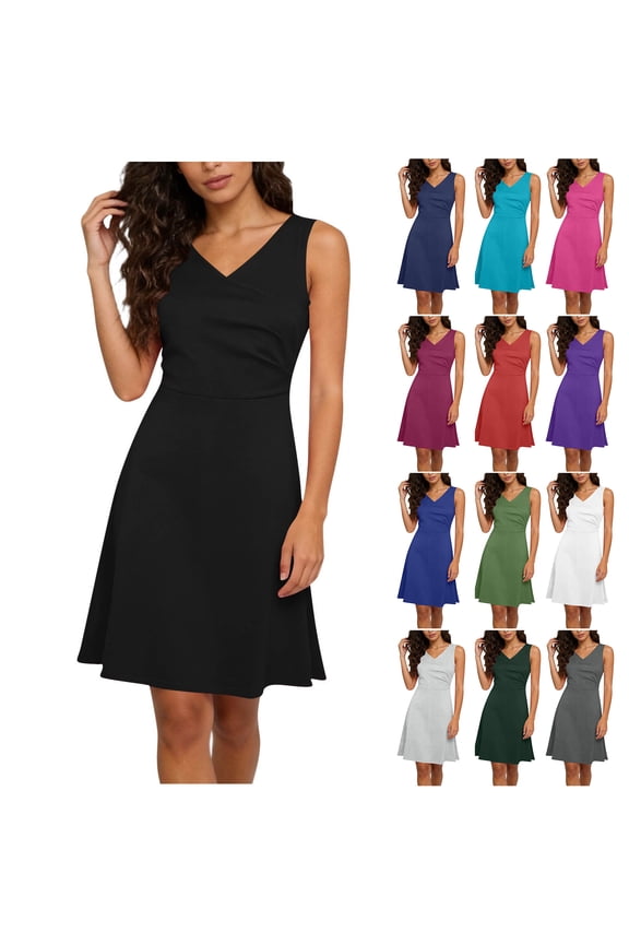 Women Summer Work Dress Fashion Sleeveless Cross Ruched V Neck Elegant Midi Dresses A Line Elasitc High Waist Business Dresses Purple L