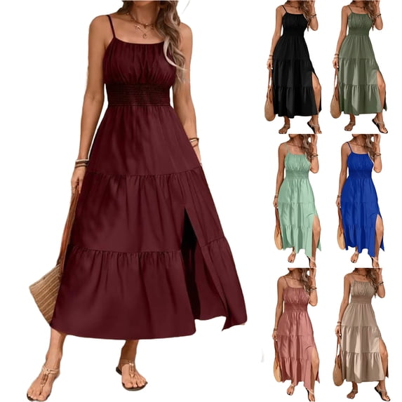 NXMZXB Women's Boho Maxi Dress Sleeveless Spaghetti Strap Spring Summer Wedding Guest Dress High Slit Summer Vacation Ruched Tiered Ruffle Flowy Milkmaid Sundress Wine XXL