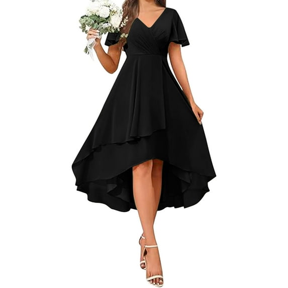NXMZXB Women's High Low Bridesmaid Dresses for Women Loose Fit Casual Chiffon Pleated V Neck Short Sleeves Formal Gown with Slit Black L