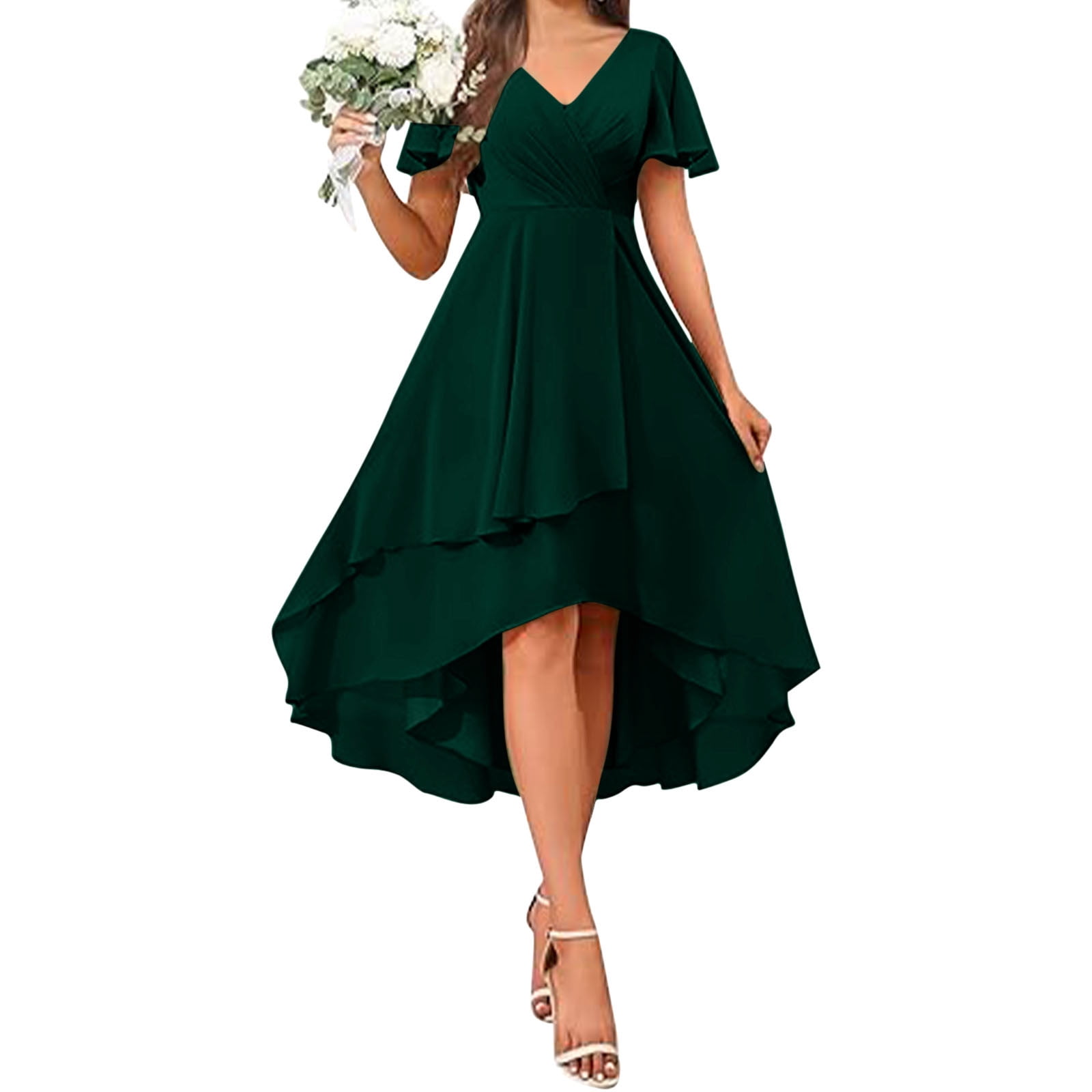 NXMZXB Women's High Low Bridesmaid Dresses for Women Loose Fit Casual Chiffon Pleated V Neck Short Sleeves Formal Gown with Slit Dark Green M