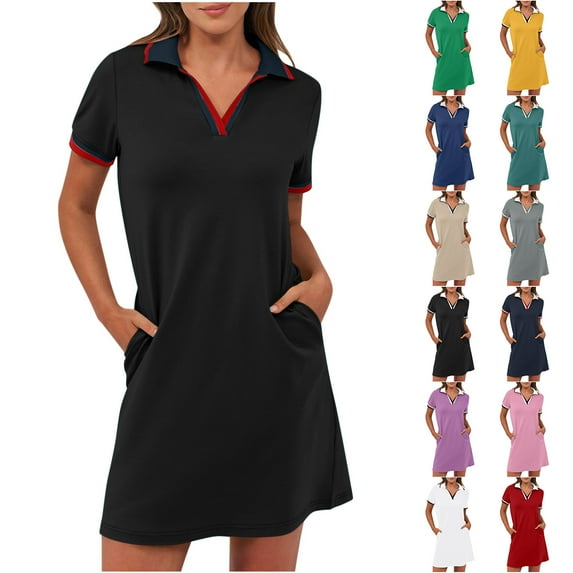 NXMZXB Women’s Polo Dresses 2025 Short Sleeve Casual Striped Color Block Collared V Neck Summer Tennis Golf Mini Shirt Dress with Pockets Pink M