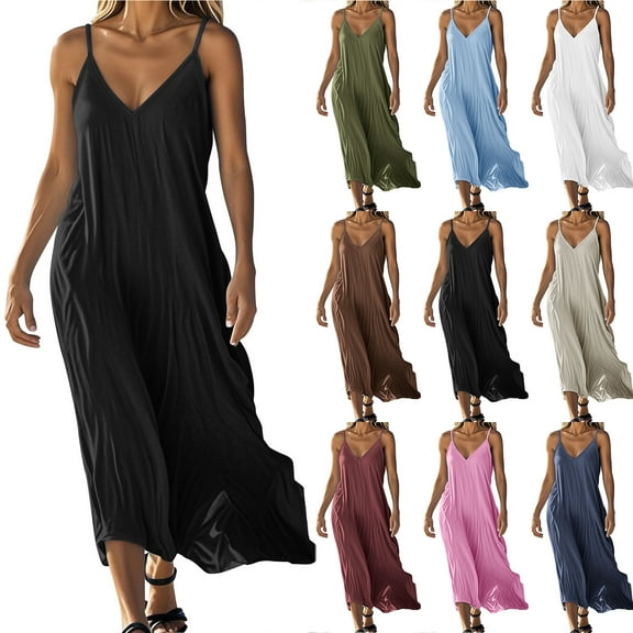 NXMZXB Women's Summer Casual Sundress Sleeveless Spaghetti Strap V Neck Beach Cover up Loose Flowy Maxi Dresses with Pockets White L