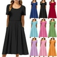 thumbnail image 1 of NXMZXB Women's Summer Short Sleeve A-Line Midi Dresses Casual Ruched Pleated Tunic T-Shirt Dresses Loose Flowy Beach Sundress with Pockets Black M, 1 of 8
