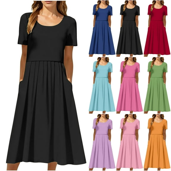NXMZXB Women's Summer Short Sleeve A-Line Midi Dresses Casual Ruched Pleated Tunic T-Shirt Dresses Loose Flowy Beach Sundress with Pockets Green S