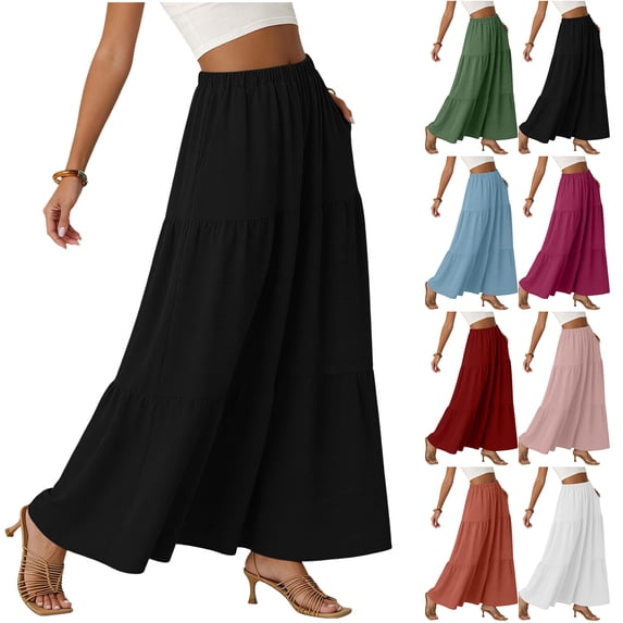 NXMZXB Womens Boho Casual Maxi Skirts Loose Flowy Elastic High Waisted A-Line Pleated Long Skirts with Pockets Beach Vacation Dress Outfits Pink L