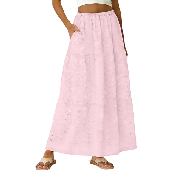 NXMZXB Womens Boho Casual Maxi Skirts Loose Flowy Elastic High Waisted Solid Color A-Line Long Skirts with Pockets Beach Vacation Pink S
