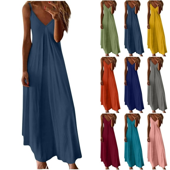 NXMZXB Womens Casual Summer Dresses Loose Fit Adjustable Strappy V Neck Sleeveless Boho Dress Flowy Pockets Flowy Long Maxi Beach Sundress Gray L