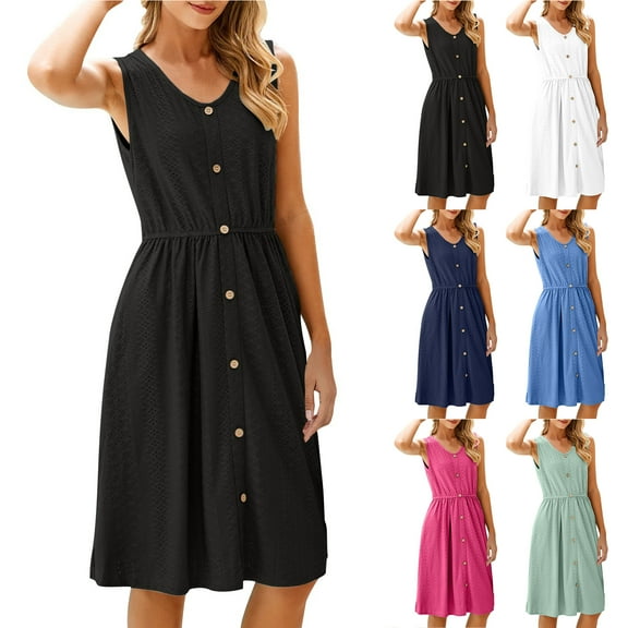 NXMZXB Womens Sleeveless Sundress Summer Casual Suspender Eyelet Button Down Short Dress Loose Flowy Beach Tank Mini Dress with Pocket Dark Blue L