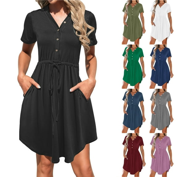 NXMZXB Womens Spring Summer Dresses 2025 Casual Solid Color Tunic Dress Short Sleeve Button V Neck Flowy Swing Mini Shift Dress with Pockets Navy XXL