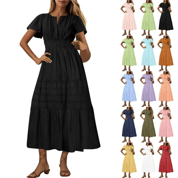 NXMZXB Womens Summer 2025 Casual Midi Maxi Dresses Lightweight Short Sleeve V Neck Elastic Waist Boho Beach Dress with Pockets Red S